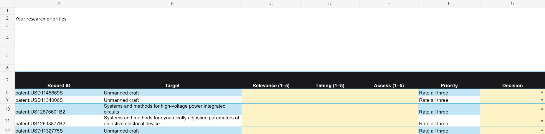 Company research priorities worksheet with patent-related targets, ratings and decision fields